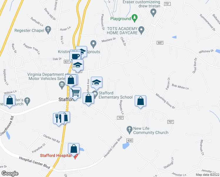 map of restaurants, bars, coffee shops, grocery stores, and more near 218 Courthouse Manor Drive in Stafford