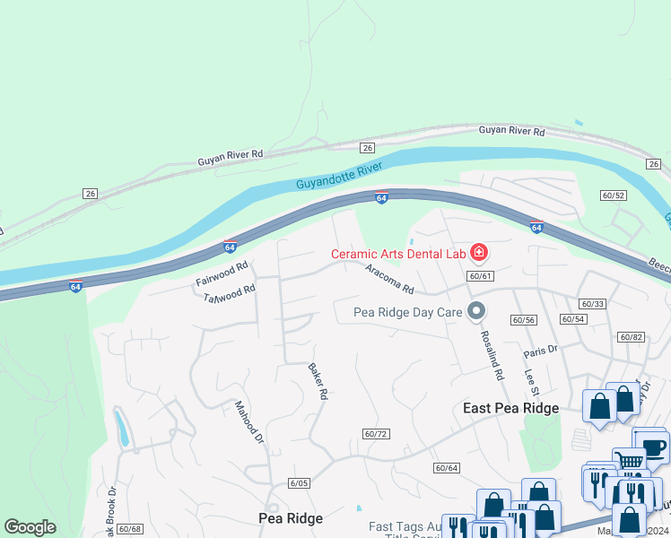 map of restaurants, bars, coffee shops, grocery stores, and more near 6320 Aracoma Road in Huntington