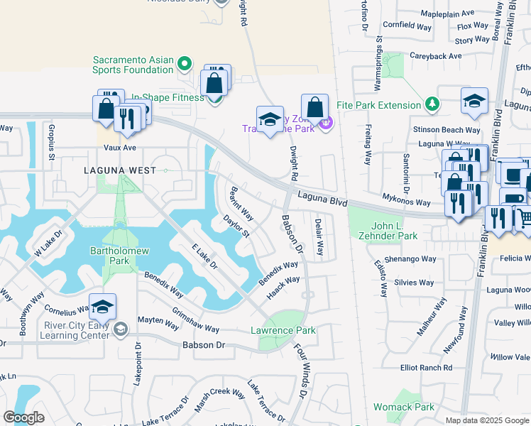 map of restaurants, bars, coffee shops, grocery stores, and more near 9168 Scruggs Court in Elk Grove