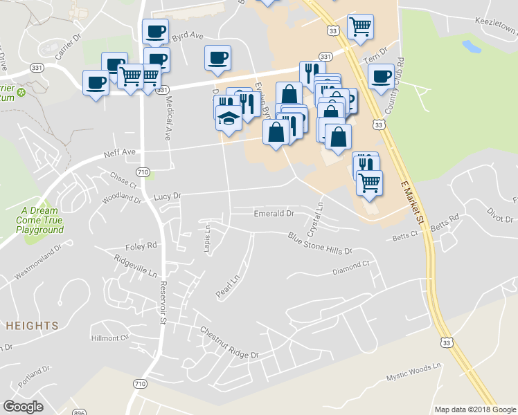 map of restaurants, bars, coffee shops, grocery stores, and more near 297 Emerald Drive in Harrisonburg