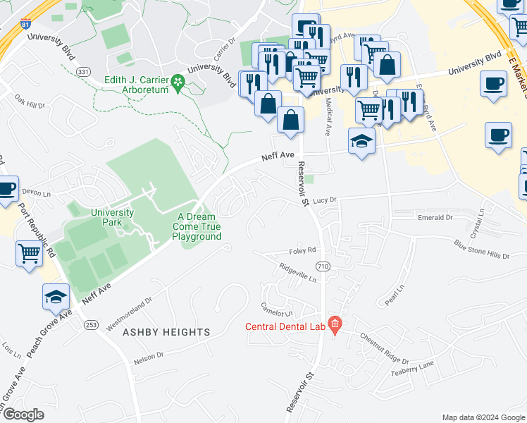 map of restaurants, bars, coffee shops, grocery stores, and more near 736 Woodland Drive in Harrisonburg