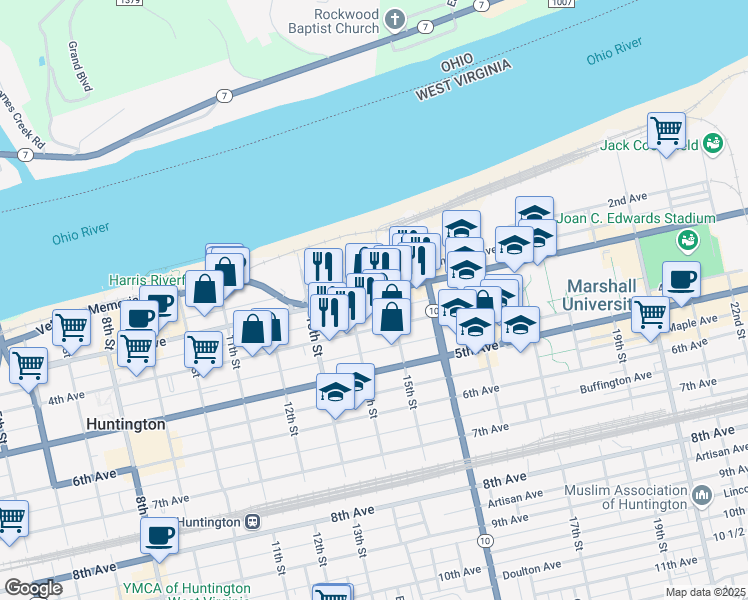 map of restaurants, bars, coffee shops, grocery stores, and more near 1502 3rd Avenue in Huntington
