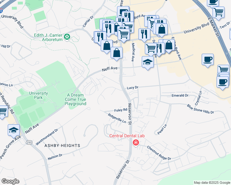 map of restaurants, bars, coffee shops, grocery stores, and more near 654 White Oak Circle in Harrisonburg