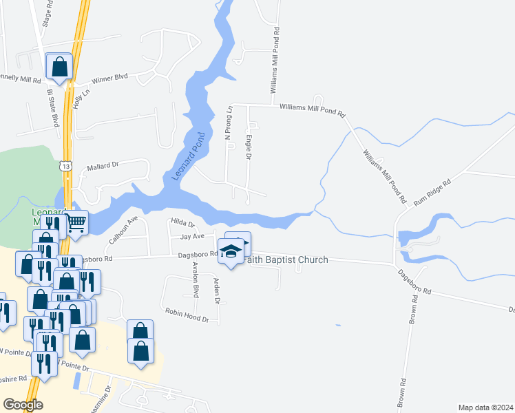 map of restaurants, bars, coffee shops, grocery stores, and more near 30565 Danwood Drive in Delmar