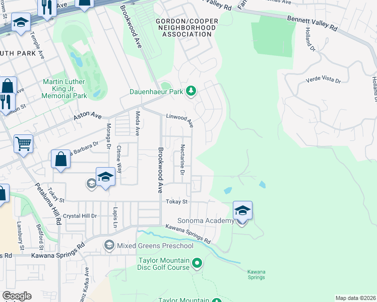 map of restaurants, bars, coffee shops, grocery stores, and more near 2155 Nectarine Drive in Santa Rosa