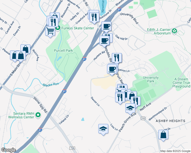 map of restaurants, bars, coffee shops, grocery stores, and more near 1381 Devon Lane in Harrisonburg