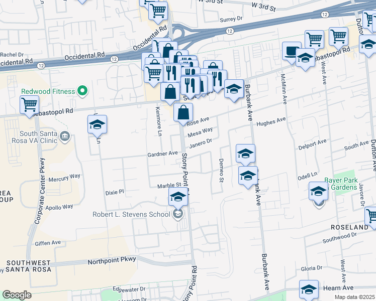 map of restaurants, bars, coffee shops, grocery stores, and more near 1935 Janero Drive in Santa Rosa