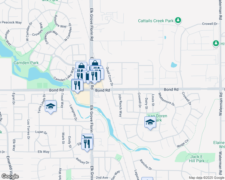 map of restaurants, bars, coffee shops, grocery stores, and more near Bond Road & Earl Fife Drive in Elk Grove