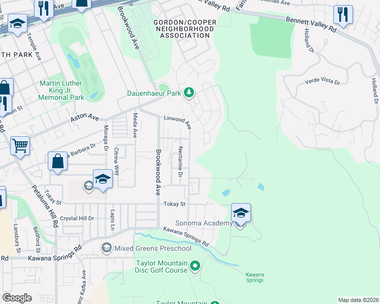map of restaurants, bars, coffee shops, grocery stores, and more near 2380 Linwood Avenue in Santa Rosa