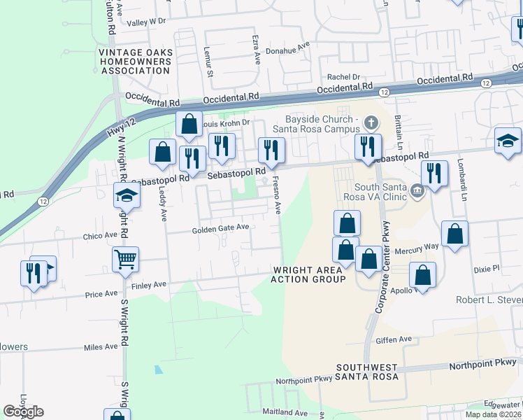 map of restaurants, bars, coffee shops, grocery stores, and more near 3912 New Zealand Avenue in Santa Rosa