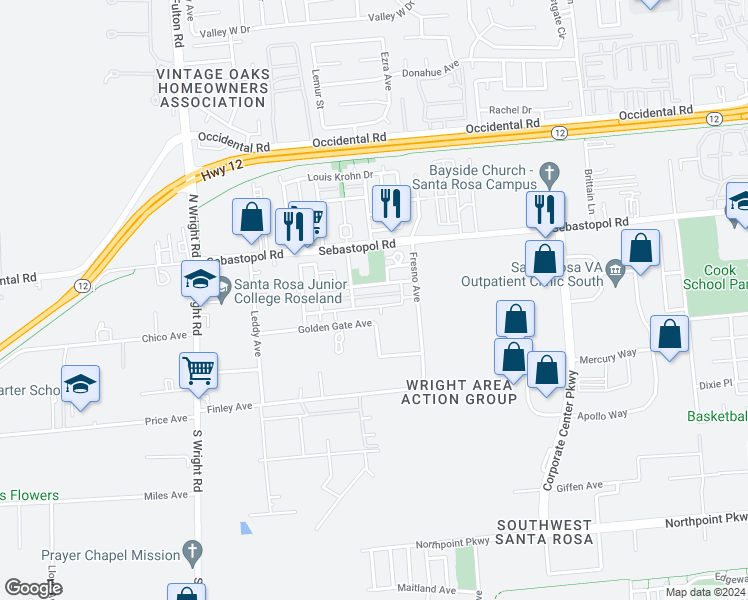 map of restaurants, bars, coffee shops, grocery stores, and more near 3962 New Zealand Avenue in Santa Rosa