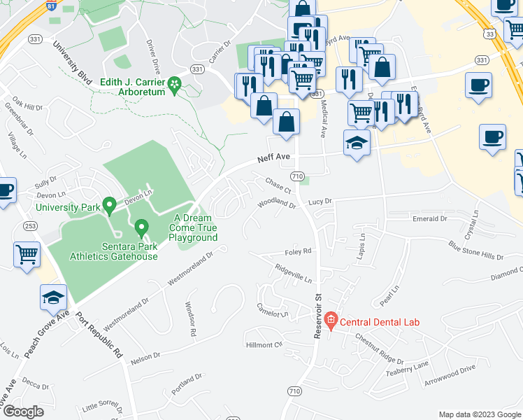 map of restaurants, bars, coffee shops, grocery stores, and more near 734 Woodland Drive in Harrisonburg