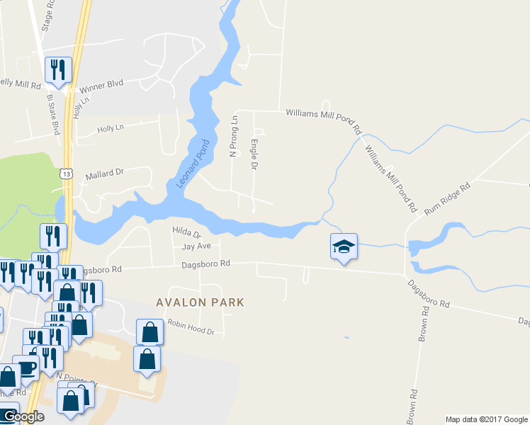 map of restaurants, bars, coffee shops, grocery stores, and more near 30565 Danwood Drive in Delmar