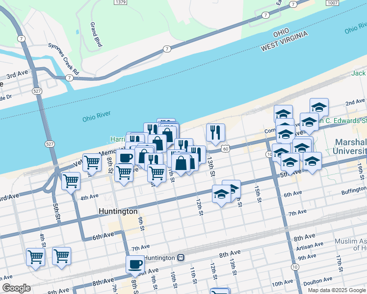 map of restaurants, bars, coffee shops, grocery stores, and more near 210 11th Street in Huntington