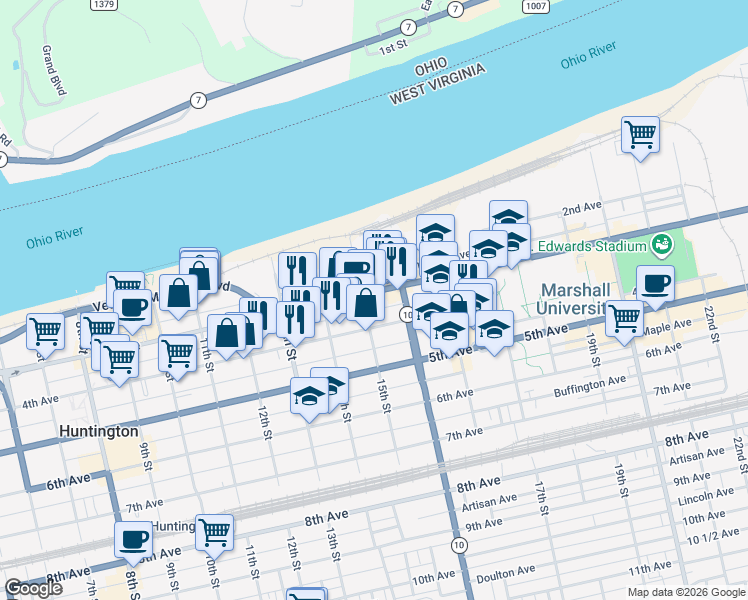 map of restaurants, bars, coffee shops, grocery stores, and more near 1502 3rd Avenue in Huntington