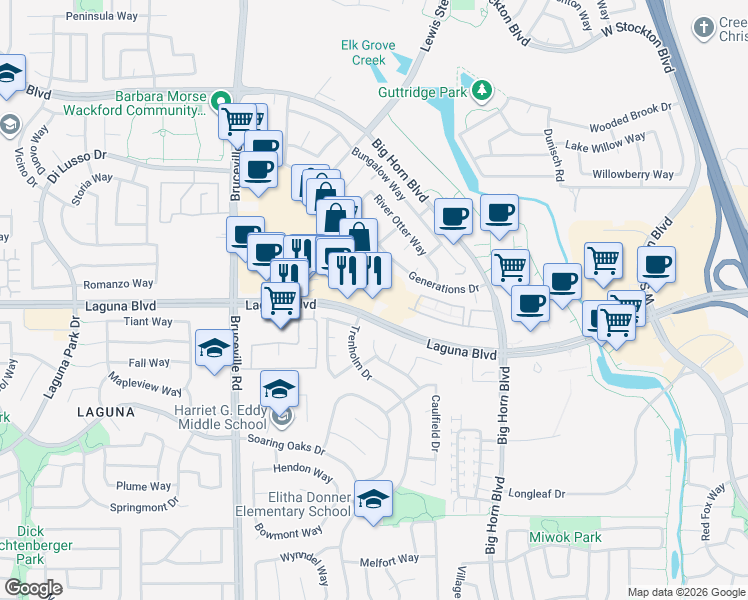 map of restaurants, bars, coffee shops, grocery stores, and more near 7803 Laguna Boulevard in Elk Grove