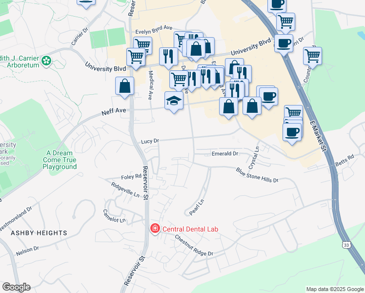map of restaurants, bars, coffee shops, grocery stores, and more near 2101 Deyerle Avenue in Harrisonburg