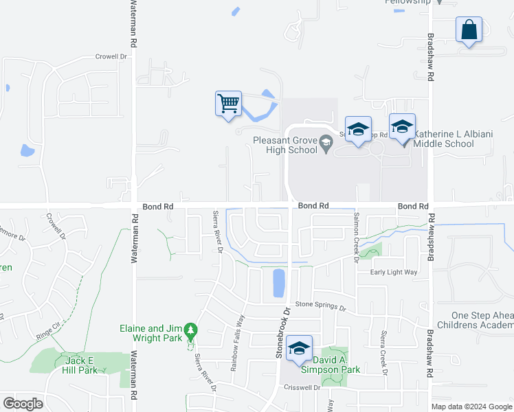 map of restaurants, bars, coffee shops, grocery stores, and more near Bond Road & Almond Willow Way in Elk Grove