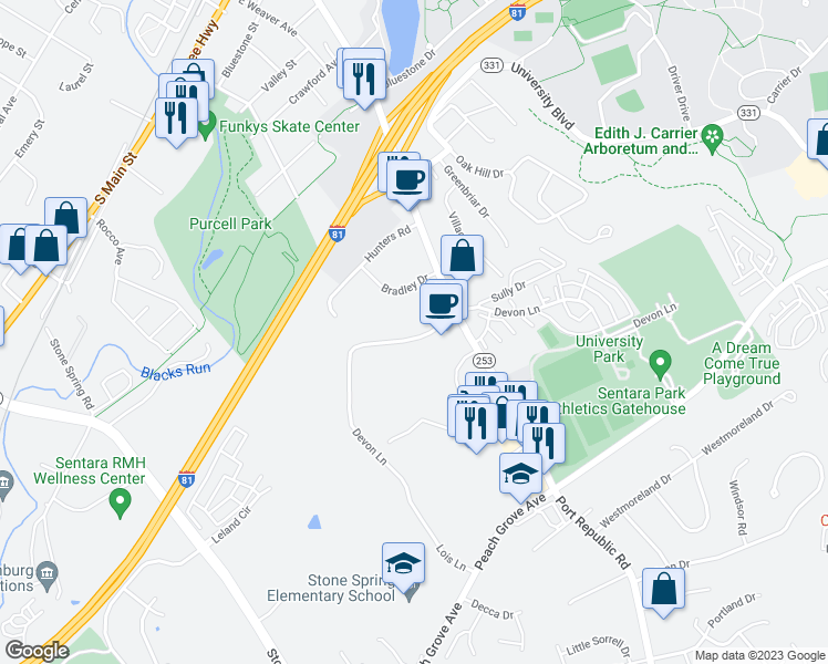 map of restaurants, bars, coffee shops, grocery stores, and more near 1337 Devon Lane in Harrisonburg