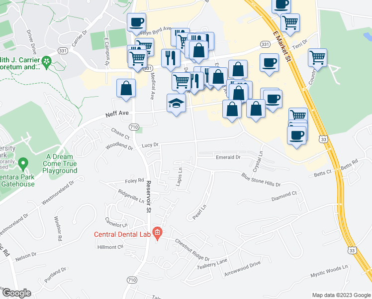 map of restaurants, bars, coffee shops, grocery stores, and more near 2101 Deyerle Avenue in Harrisonburg