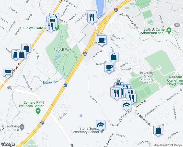 map of restaurants, bars, coffee shops, grocery stores, and more near 1446 Bradley Drive in Harrisonburg