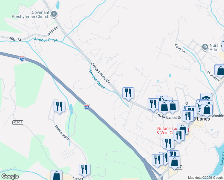 map of restaurants, bars, coffee shops, grocery stores, and more near 648 Cross Lanes Drive in Nitro