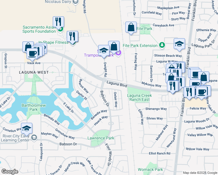map of restaurants, bars, coffee shops, grocery stores, and more near 9181 Morristown Court in Elk Grove
