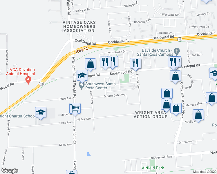 map of restaurants, bars, coffee shops, grocery stores, and more near 3925 Arthur Ashe Circle in Santa Rosa
