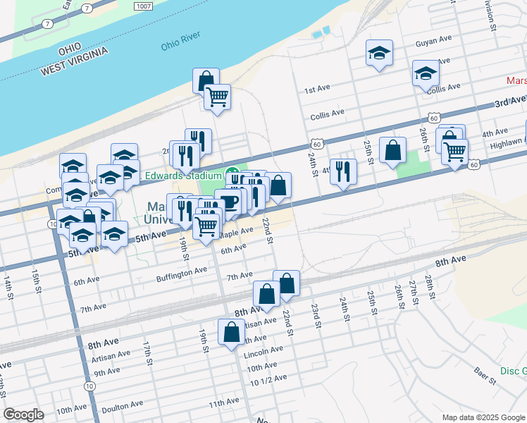 map of restaurants, bars, coffee shops, grocery stores, and more near 5th Avenue in Huntington