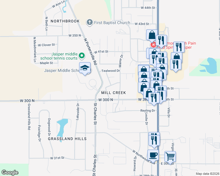map of restaurants, bars, coffee shops, grocery stores, and more near 635 Hartford Drive in Jasper