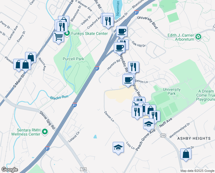 map of restaurants, bars, coffee shops, grocery stores, and more near 1390 Hunters Road in Harrisonburg