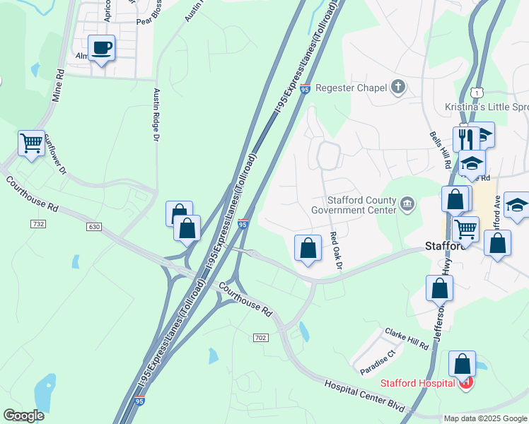 map of restaurants, bars, coffee shops, grocery stores, and more near 13 Willow Lane in Stafford