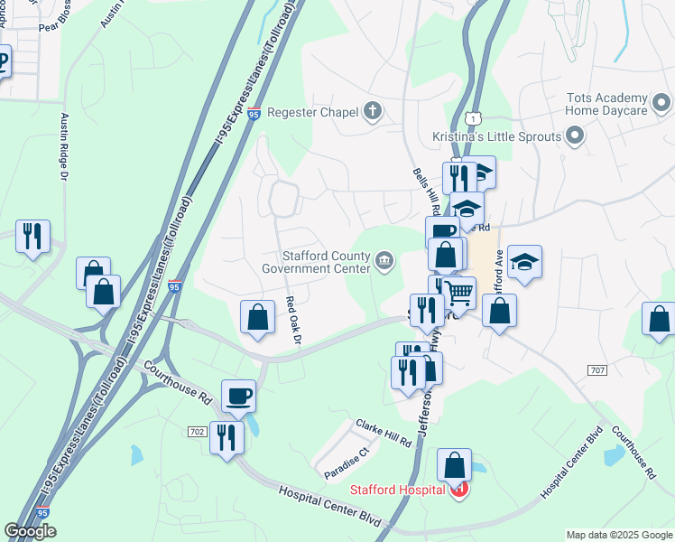 map of restaurants, bars, coffee shops, grocery stores, and more near 136 Executive Circle in Stafford