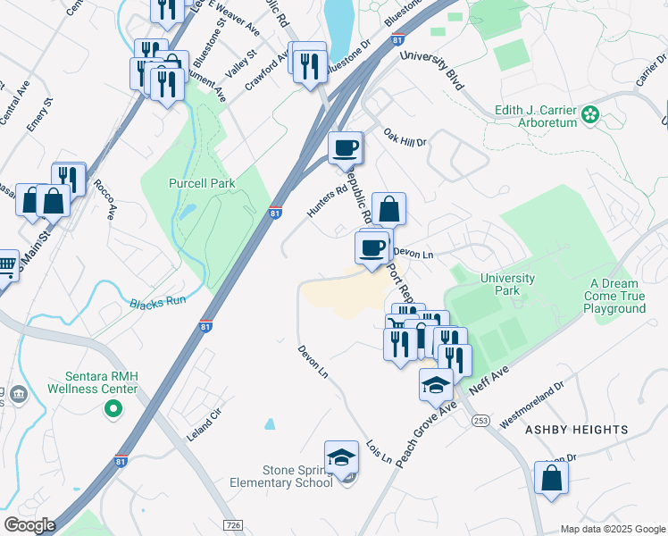 map of restaurants, bars, coffee shops, grocery stores, and more near 1422 Bradley Drive in Harrisonburg