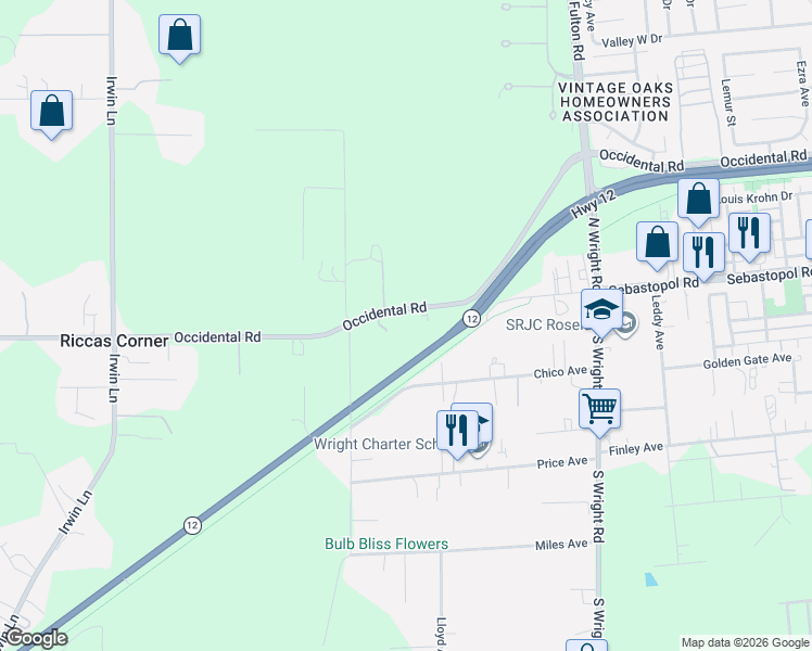 map of restaurants, bars, coffee shops, grocery stores, and more near 4432 Occidental Road in Santa Rosa