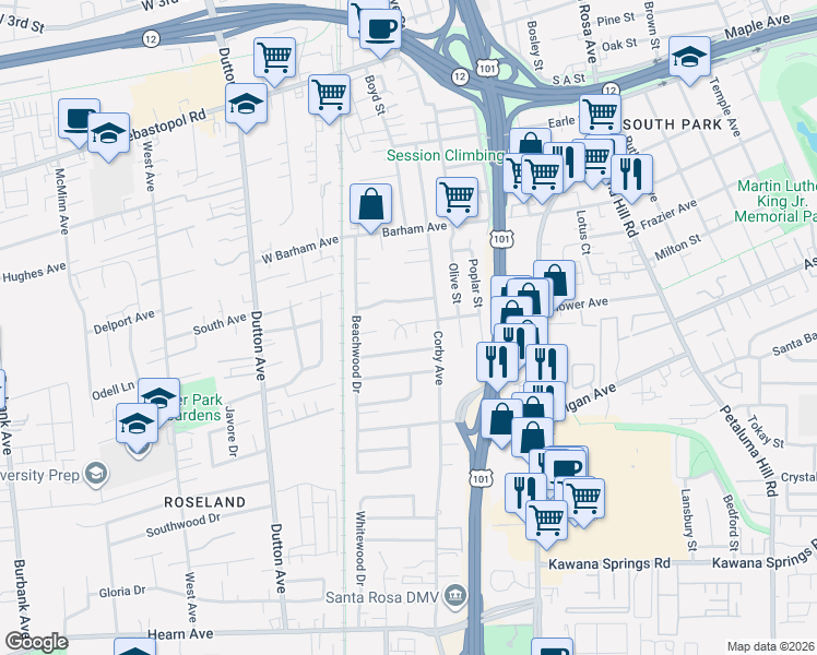 map of restaurants, bars, coffee shops, grocery stores, and more near 89 Peach Court in Santa Rosa