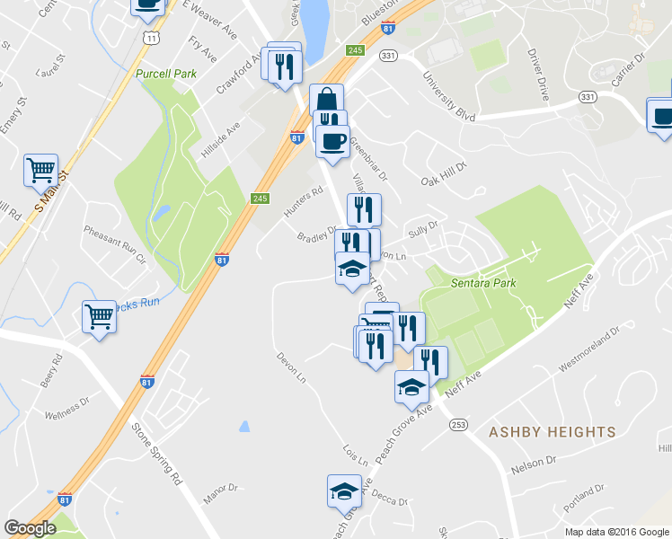 map of restaurants, bars, coffee shops, grocery stores, and more near 1366 Bradley Drive in Harrisonburg