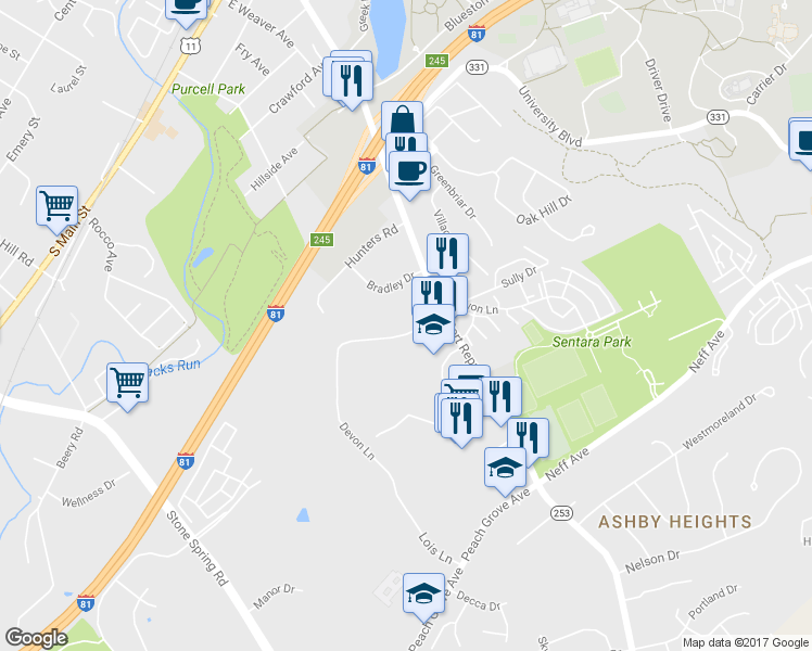 map of restaurants, bars, coffee shops, grocery stores, and more near 1366 Bradley Drive in Harrisonburg