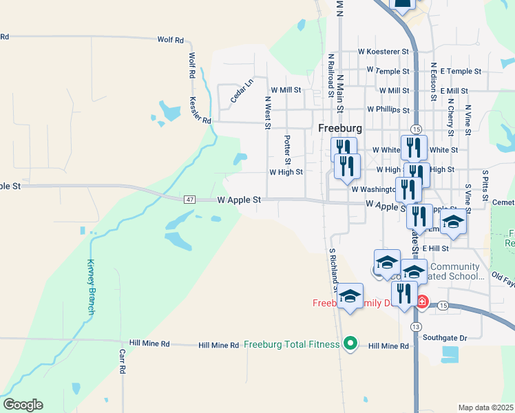 map of restaurants, bars, coffee shops, grocery stores, and more near 2 Sunset Drive in Freeburg