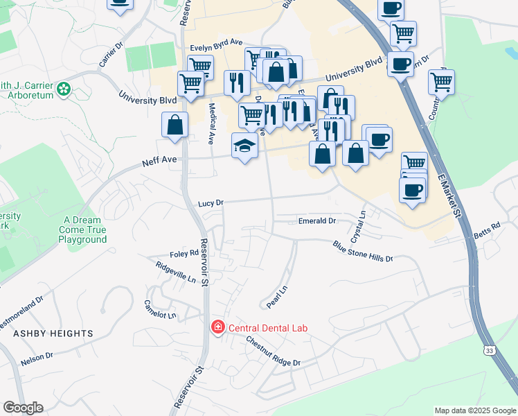 map of restaurants, bars, coffee shops, grocery stores, and more near 2101 Deyerle Avenue in Harrisonburg
