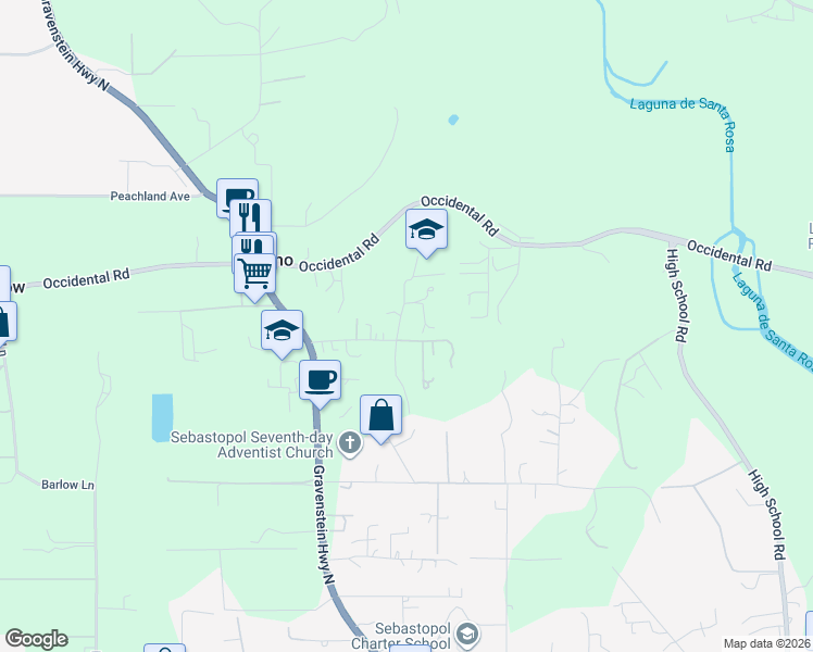 map of restaurants, bars, coffee shops, grocery stores, and more near 7670 Atkinson Road in Sebastopol