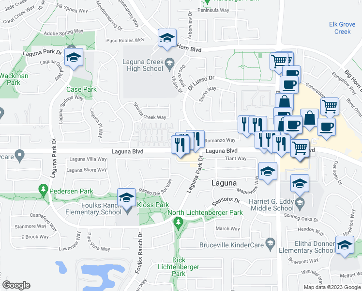 map of restaurants, bars, coffee shops, grocery stores, and more near 9208 Cerrolinda Circle in Elk Grove