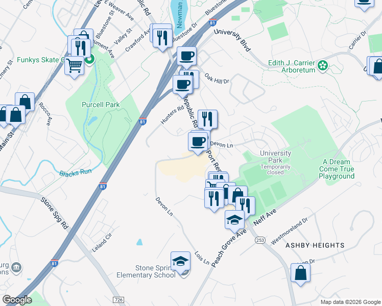 map of restaurants, bars, coffee shops, grocery stores, and more near 1366 Bradley Drive in Harrisonburg