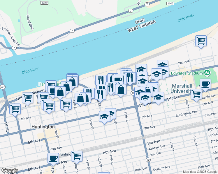 map of restaurants, bars, coffee shops, grocery stores, and more near 1402 3rd Avenue in Huntington