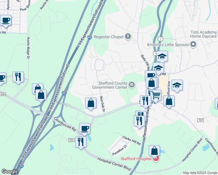 map of restaurants, bars, coffee shops, grocery stores, and more near 118 Holmes Street in Stafford