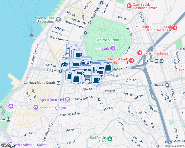 map of restaurants, bars, coffee shops, grocery stores, and more near in İzmir