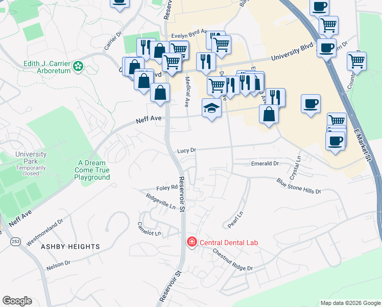 map of restaurants, bars, coffee shops, grocery stores, and more near 2109 Purple and Gold Way in Harrisonburg