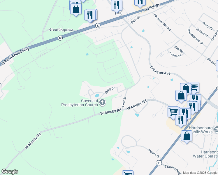 map of restaurants, bars, coffee shops, grocery stores, and more near 782 Ruby Drive in Harrisonburg