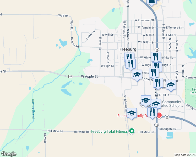 map of restaurants, bars, coffee shops, grocery stores, and more near 2 Sunset Drive in Freeburg