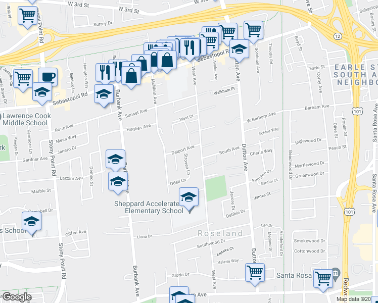 map of restaurants, bars, coffee shops, grocery stores, and more near 970 Delport Avenue in Santa Rosa